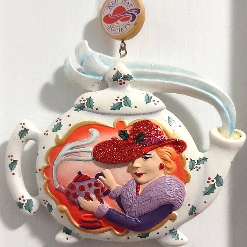 Glitter Tea Pot Red Hat Society Club Hanging Ornament